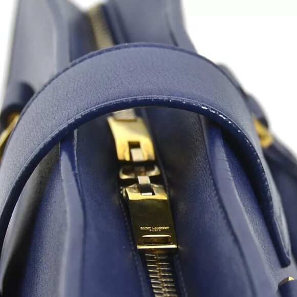 Auth SAINT LAURENT Cabas Handbag Shoulder Bag Navy Leather/Goldtone - Picture 9 of 16